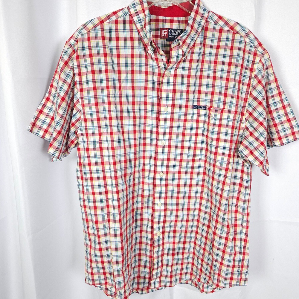 VTG Chaps Ralph Lauren Red Plaid Short Sleeve‎ Button-Down Shirt Men's Large